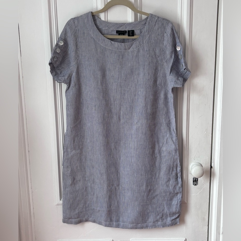 Women’s Tahari 100% Linen Blue/White Stripe Short Sleeve Tunic Dress Pockets M